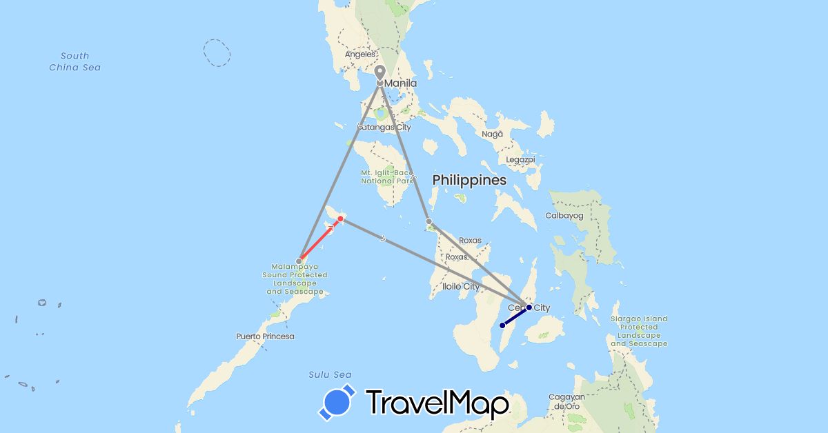 TravelMap itinerary: driving, plane, hiking in Philippines (Asia)